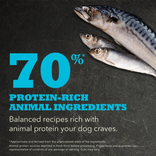 Three fish on a dark background with text about protein-rich animal ingredients.