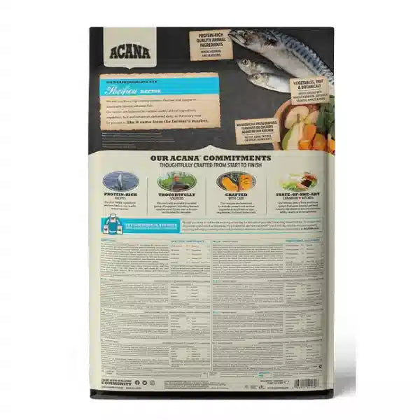 Back view of an Acana pet food packaging with text and images on a white background