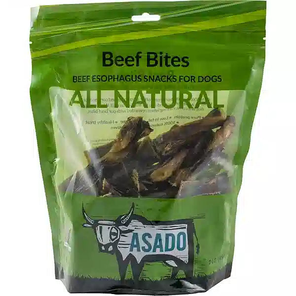 Green package of 'Beef Bites' for dogs with 'Asado' branding.