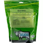 Green package of Asado Beef Bites for dogs with text on a white background