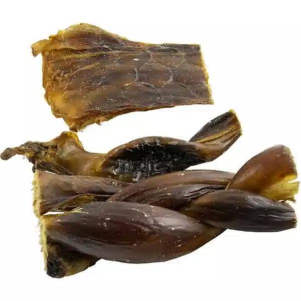 Dried beef bites on a white background