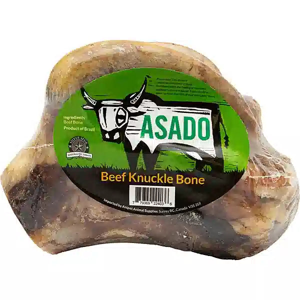 Beef knuckle bone with 'Asado' label on a white background