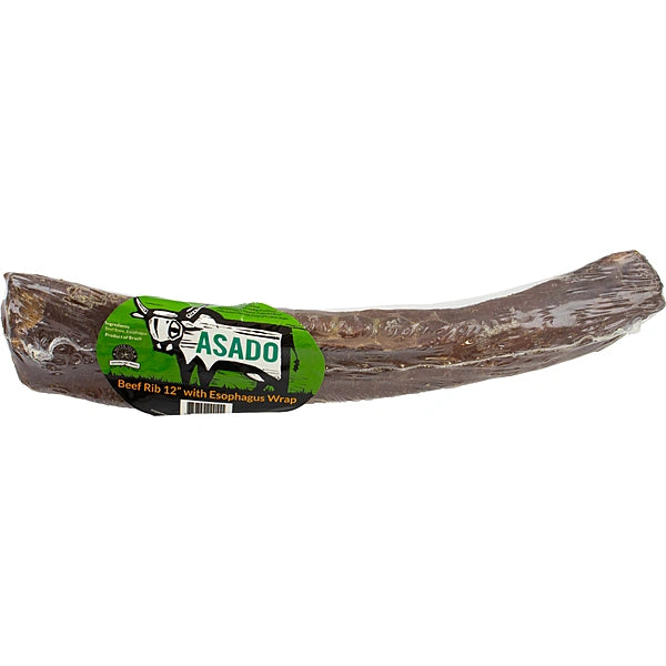 Beef rib with esophageal wrap labeled 'Asado' on a white background
