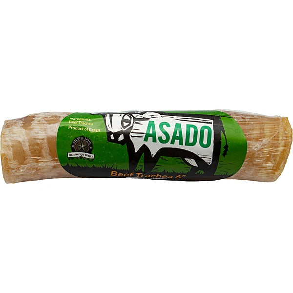 Rolled beef trachea with 'Asado' label on a white background