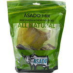 Green package of Asado Mix beef snacks and chews for dogs on a white background