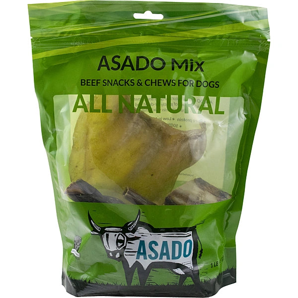 Green package of Asado Mix beef snacks and chews for dogs on a white background