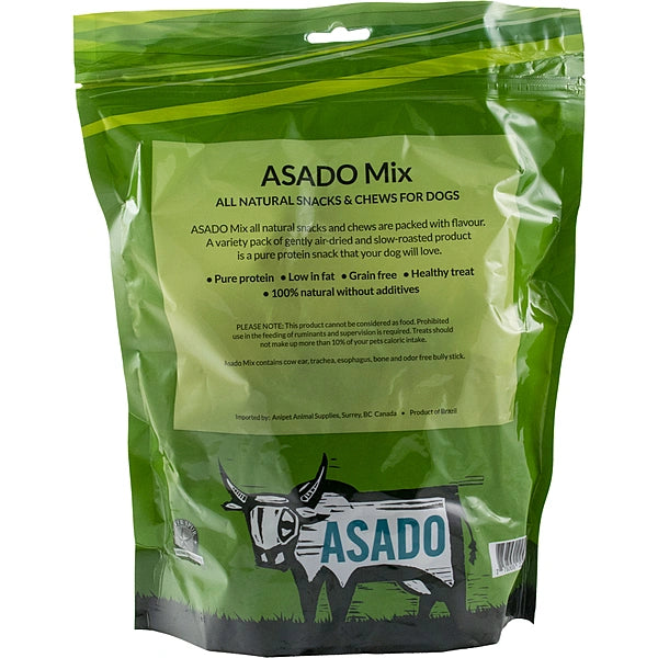 Green package of ASADO Mix dog snacks with text and branding on a white background