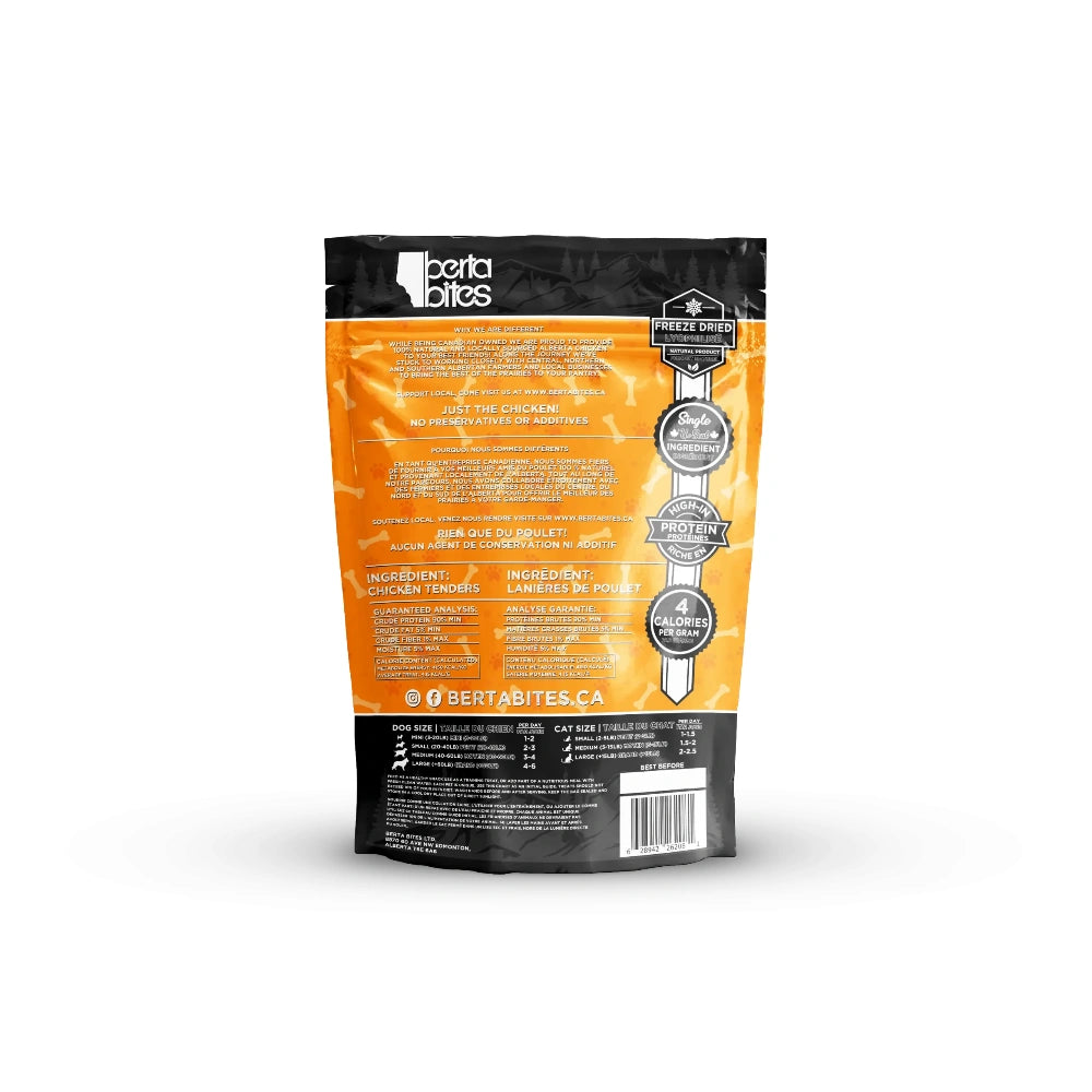 Berta Bites dog food package with orange and black design on a white background