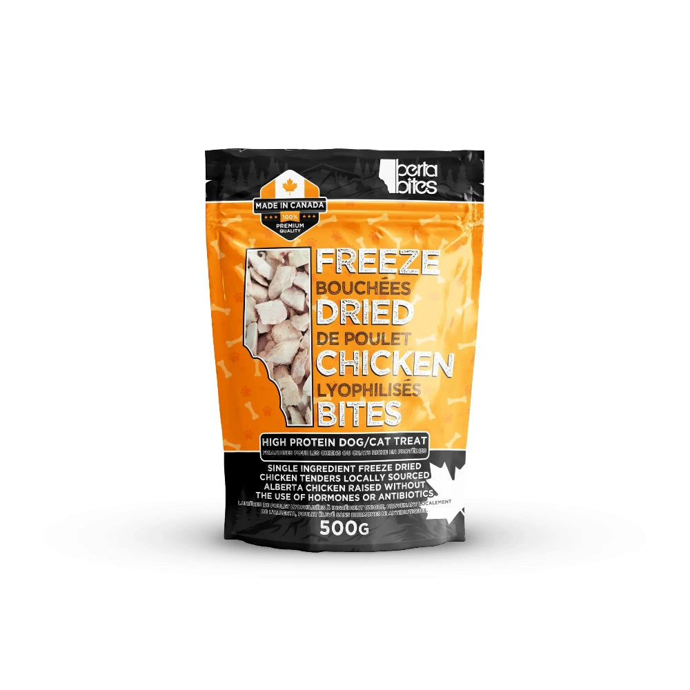 Bag of freeze-dried chicken bites for pets on a white background