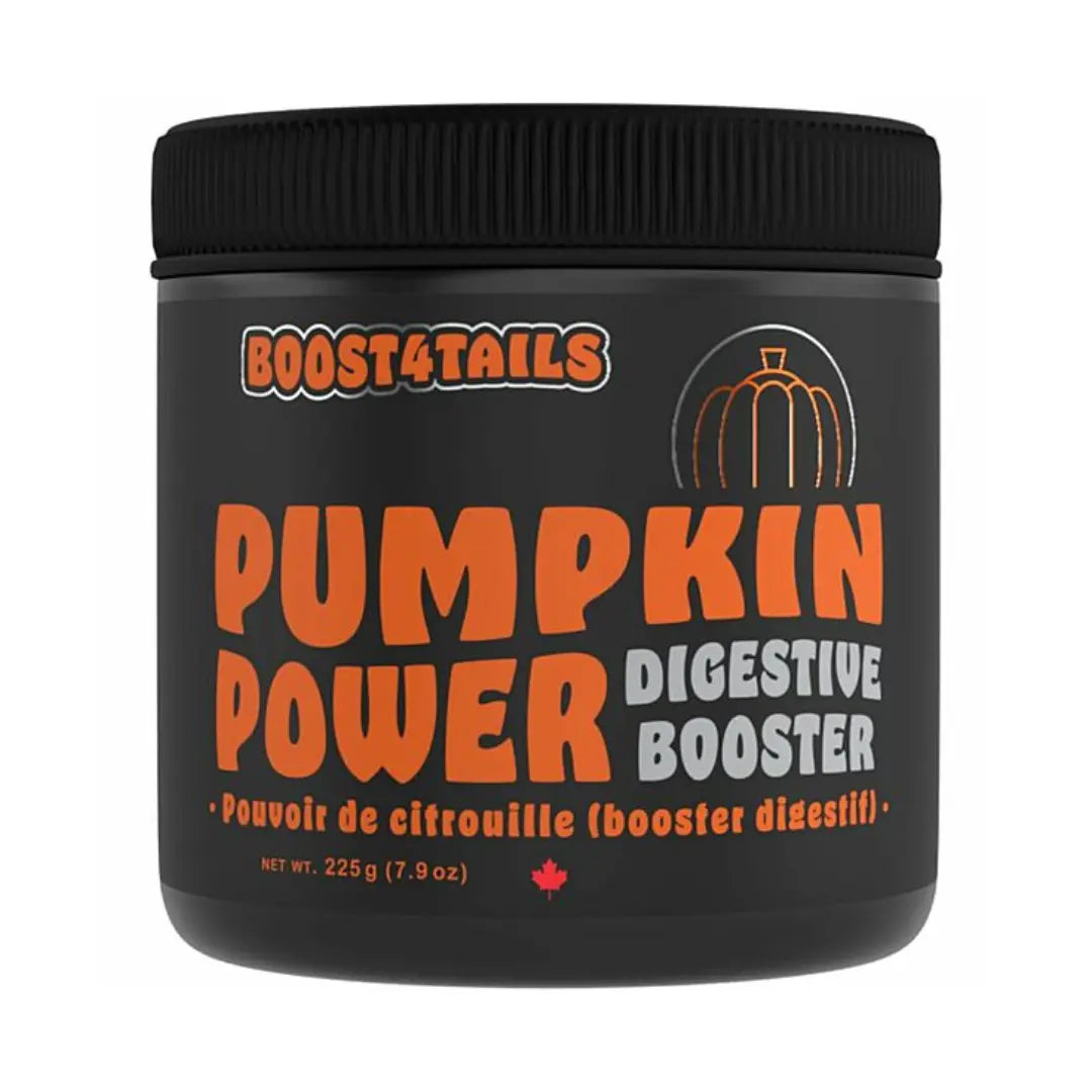 Black container of Boost4Tails Pumpkin Power Digestive Booster on a white background