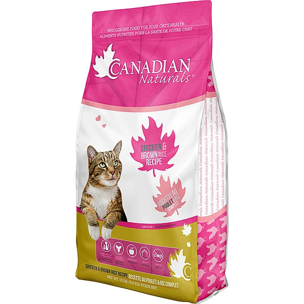 Cat food package with pink and white design featuring a cat and text.