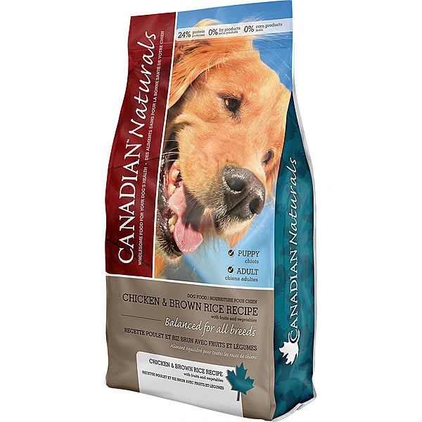 Dog food package with a dog's face on the label, featuring the brand 'Canadian Naturals'.