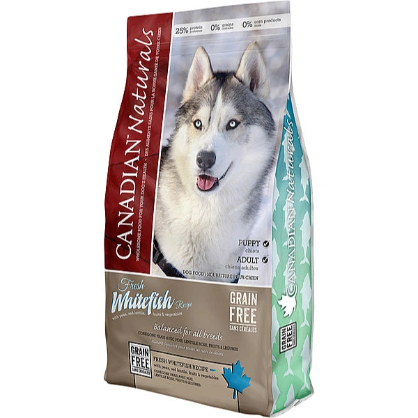 Dog food package with a wolf-like dog illustration on a white background