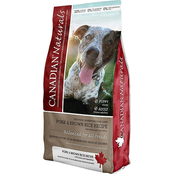 Dog food package with a visible brand name on a white background