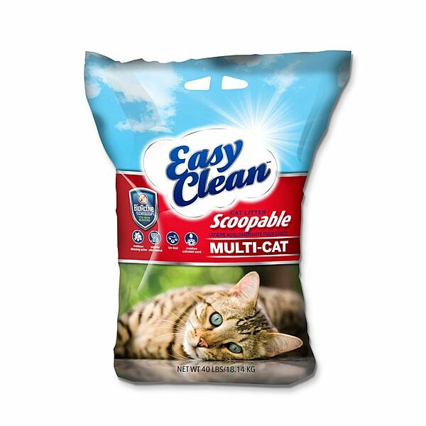 Bag of Easy Clean multi-cat litter with a cat on the label.