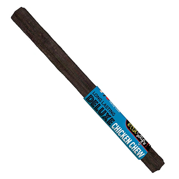 Dog chew stick with blue label on a white background