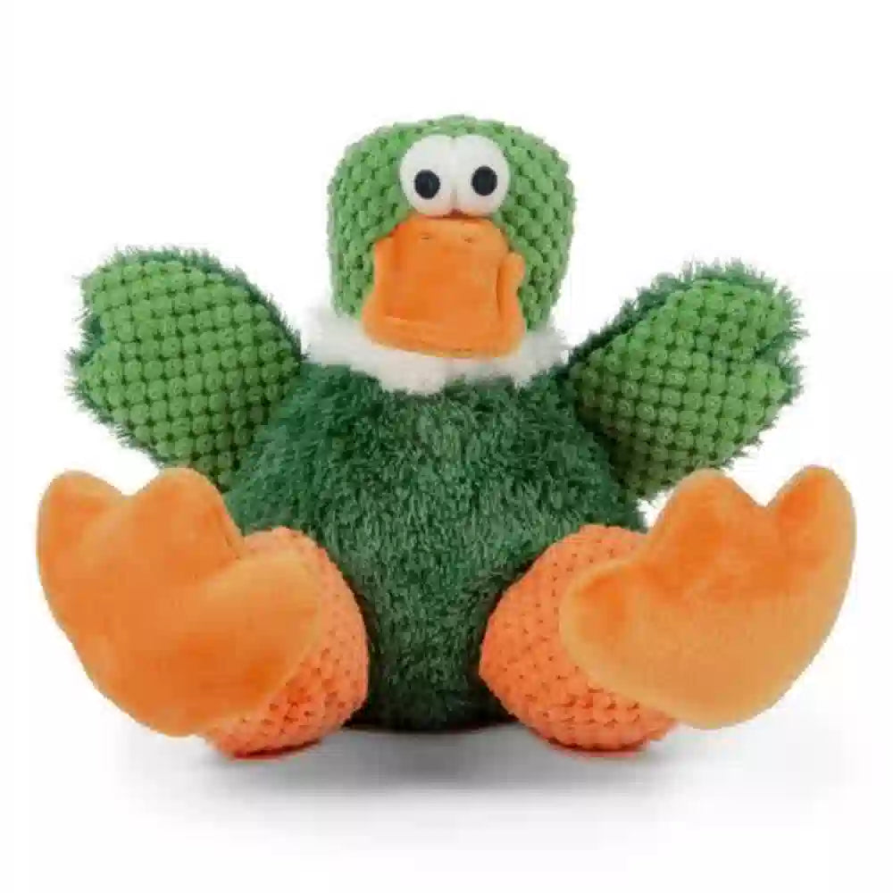 Green and orange plush duck toy on a white background