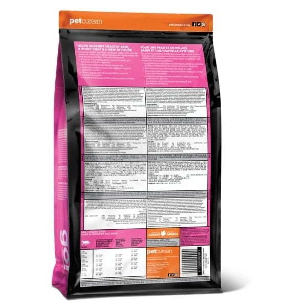 Pet food package with pink label and orange top on a white background