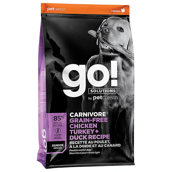 Dog food package with 'go!' branding on a white background