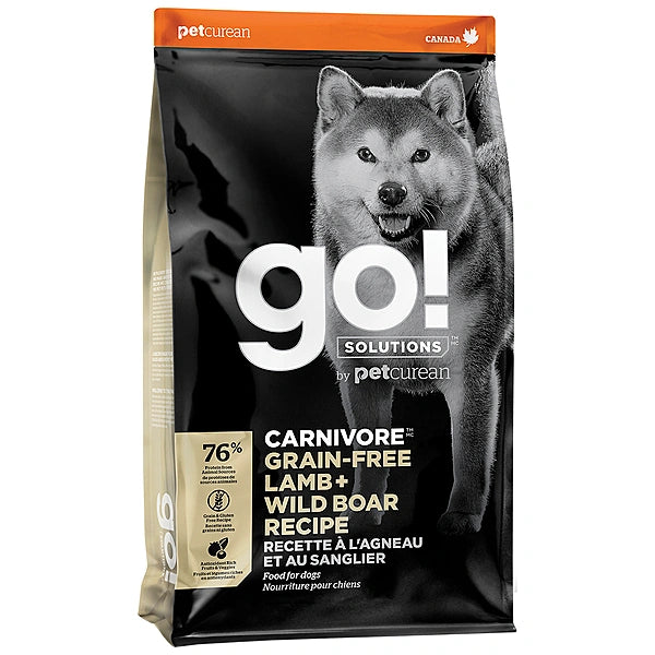 Go! dog food package with a dog illustration on a black background