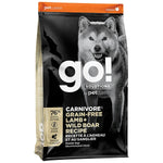 Go! dog food package with a dog illustration on a black background