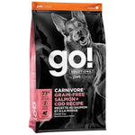 Dog food package with 'go!' branding and a black and white dog illustration on a white background