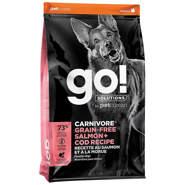 Dog food package with 'go!' branding and a black and white dog illustration on a white background