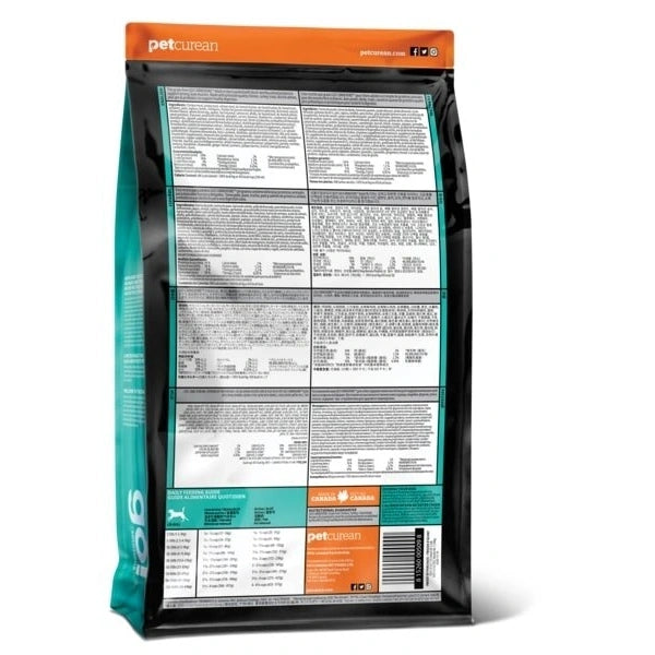 Back view of a pet food package with visible text and branding.