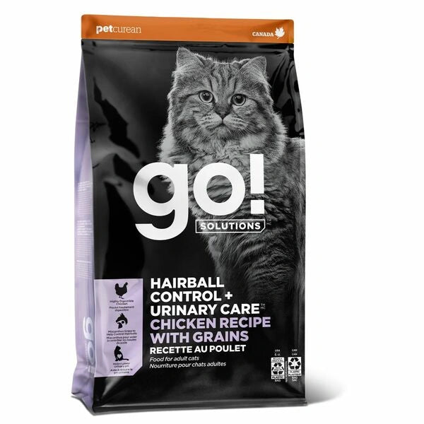 Cat food package with a gray cat on the label, featuring the brand 'go!'.