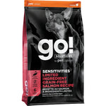 Dog food package with 'go!' branding and a black and white dog on the label.