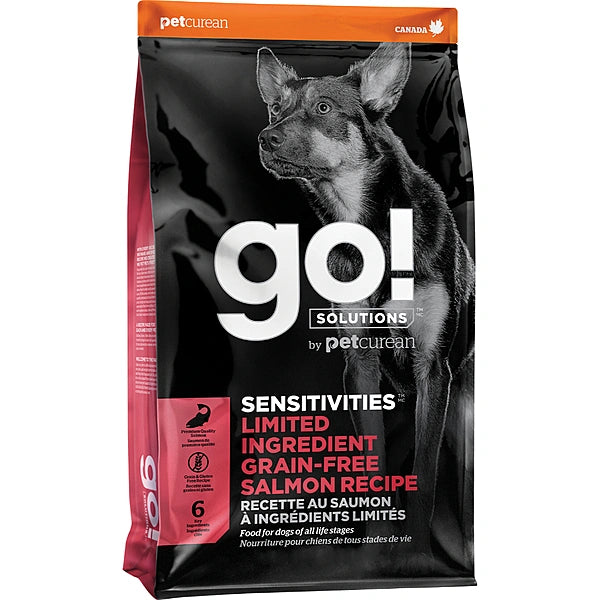 Dog food package with 'go!' branding and a black and white dog on the label.
