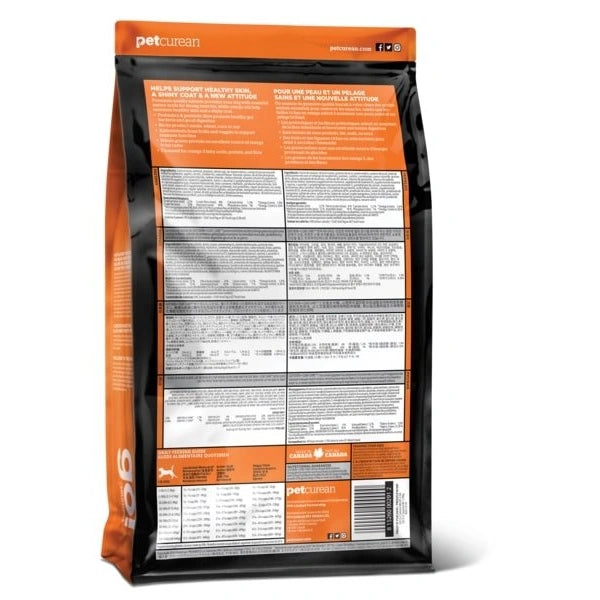 Pet food packaging with orange and black design on a white background