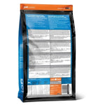 Pet food package with blue and orange label on a white background