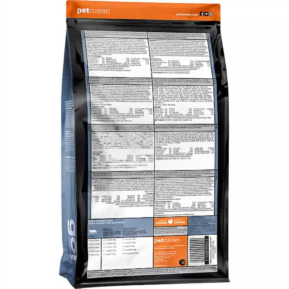 Pet food package with detailed nutritional information on a white background