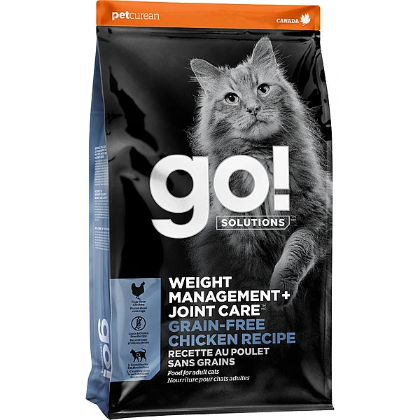 Cat food package with a black and white cat on the label, featuring the brand 'go!' and 'petcurean'.