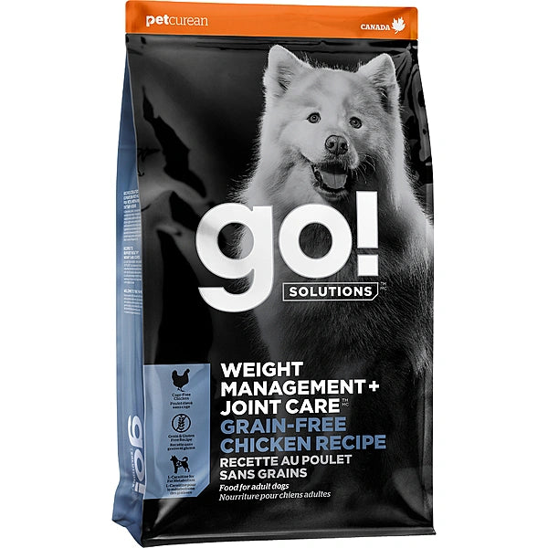 Go! Solutions dog food package with a black and white dog on the label