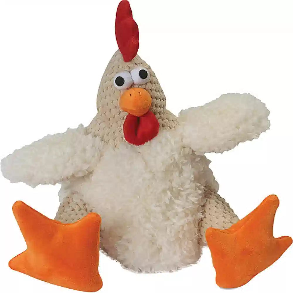 Plush chicken toy with orange feet and red comb on a white background
