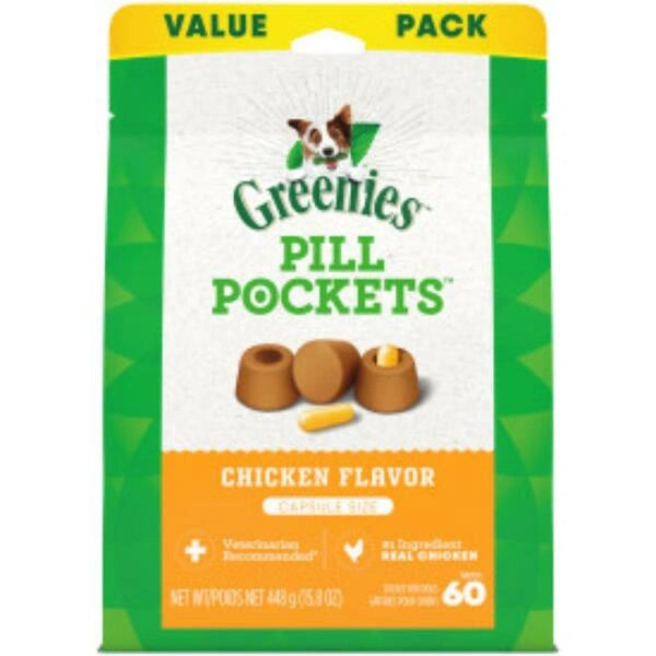 Greenies Pill Pockets for dogs packaging with chicken flavor on a white background