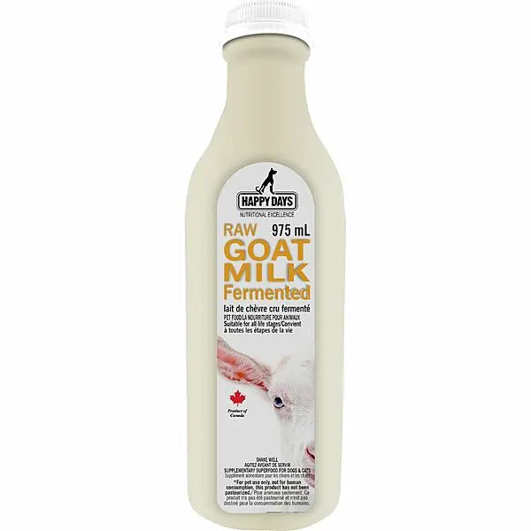 Bottle of Happy Days Raw Goat Milk Fermented on a white background