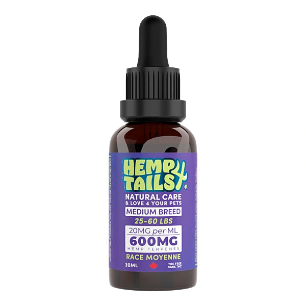 Hemp oil bottle for pets with a purple label on a white background