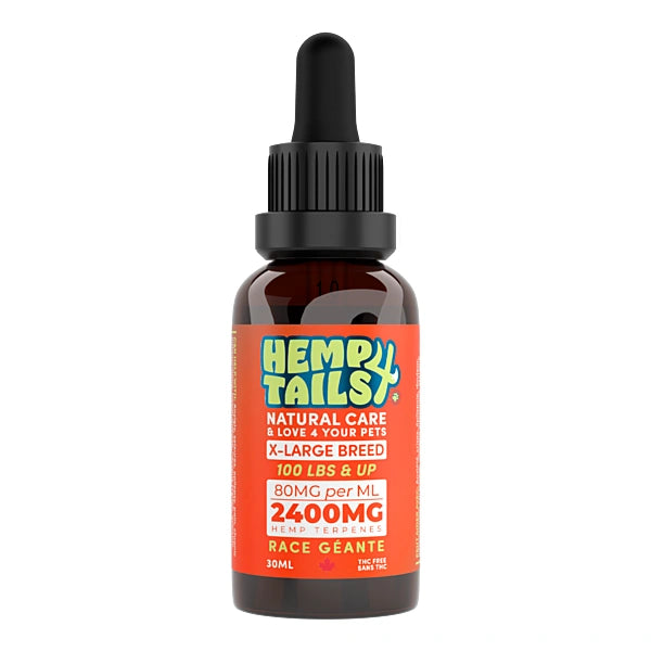 Hemp oil bottle with 'Hempy Tails' label on a white background