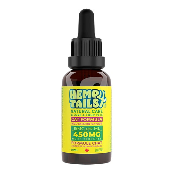 Hemp oil bottle for cats with a yellow label on a white background