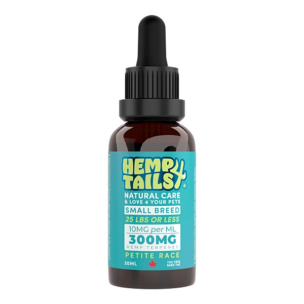 Hemp oil bottle for pets with a blue label on a white background