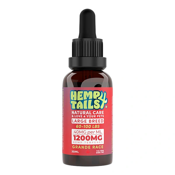 Hemp oil bottle for pets with a colorful label on a white background