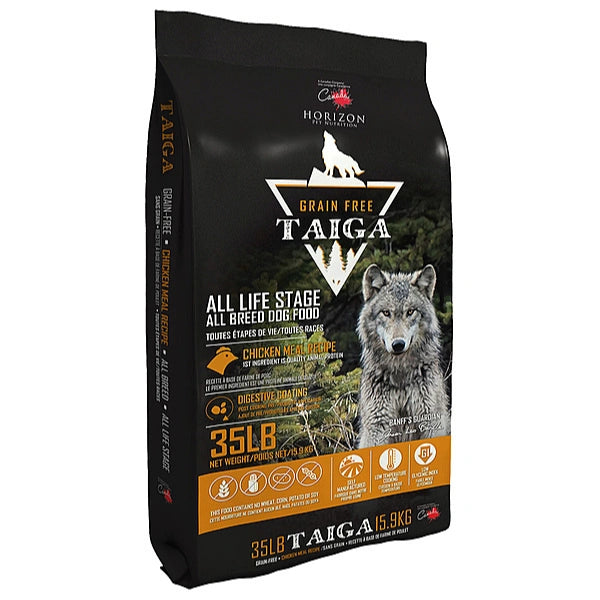 Bag of Taiga Grain-Free dog food with a wolf illustration on a black background