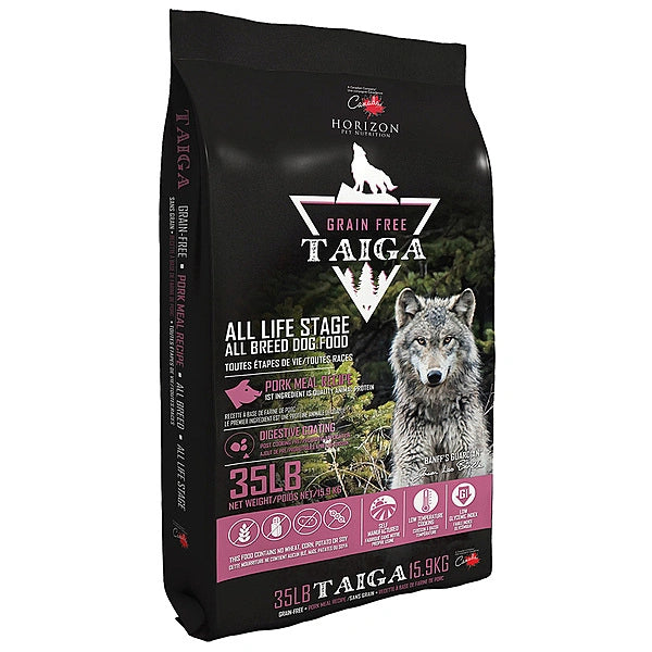 Bag of Horizon Taiga grain-free dog food with a wolf on the label