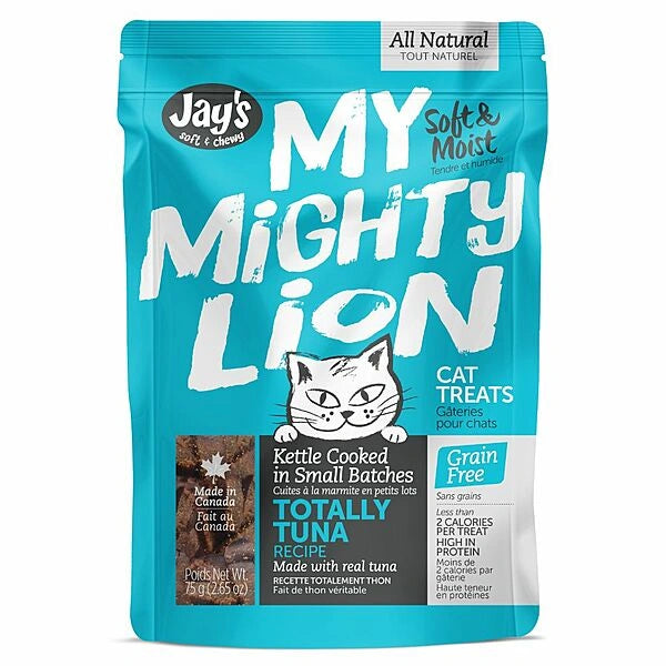 Package of Jay's My Mighty Lion cat treats on a white background