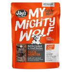 Orange packaging of Jay's My Mighty Wolf dog treats with text and branding.