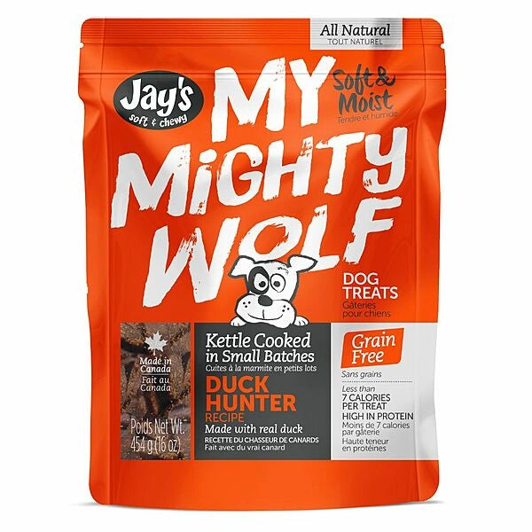 Orange packaging of Jay's My Mighty Wolf dog treats with text and branding.