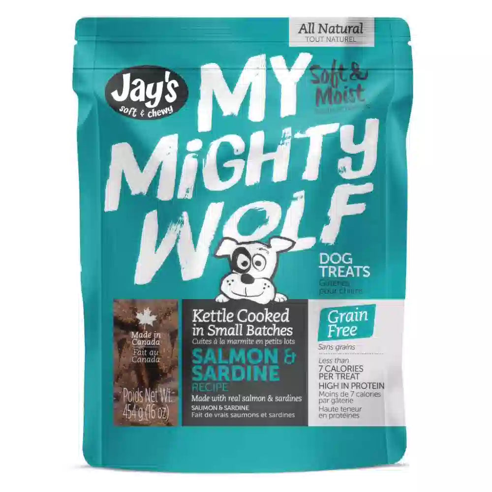 Package of Jay's My Mighty Wolf dog treats on a white background
